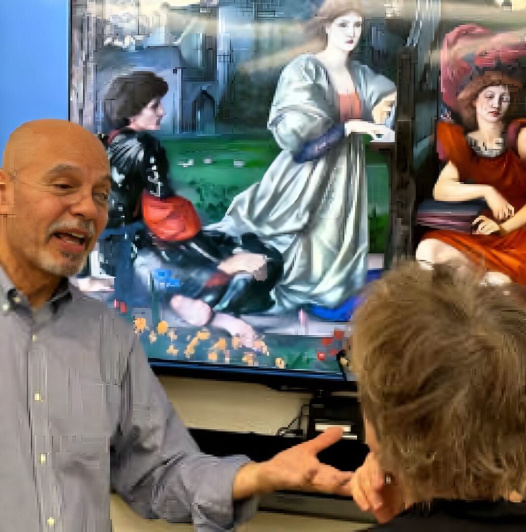 People examining a painting on display